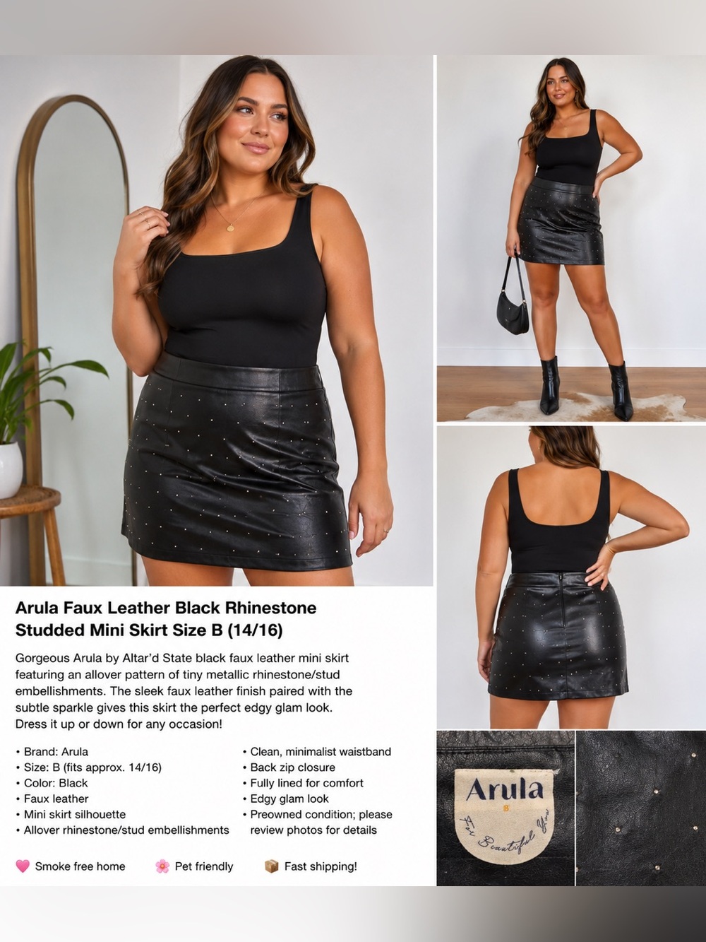 Arula Faux Leather Black Rhinestone Studded Mini Skirt Size B (14/16)